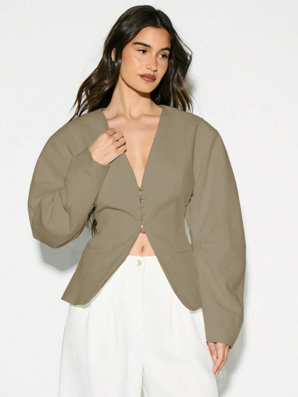 Womens Taupe Sculpted Button-Front Jacket